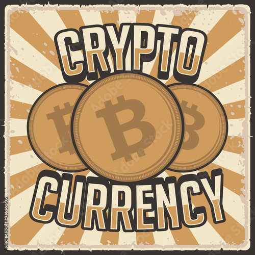 Retro vintage illustration vector graphic of Cryptocurrency Bitcoint fit for wood poster or signage photo