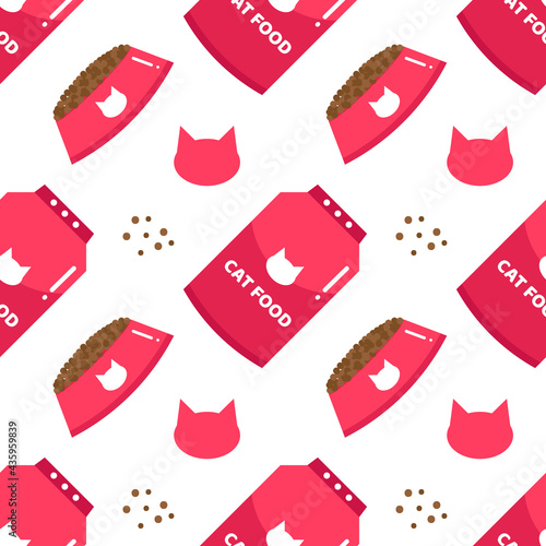 Dry cat food ration in pink bowls and packages vector seamless pattern background for cat food, feeding design.
