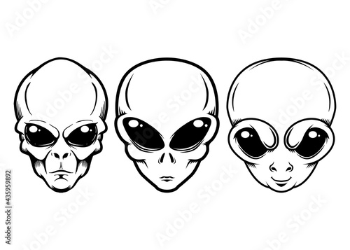 Illustration of alien head in monochrome style. Design element for logo, label, sign, emblem, poster. Vector illustration