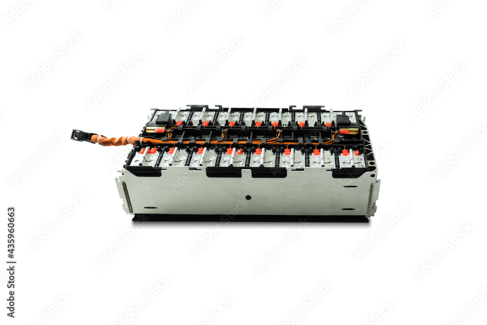 Selective focus of Electric car lithium battery pack and wiring connections internal between cells isolated on white background. Selective focus of Electric car lithium battery pack and wiring connections internal between cells isolated on white background.