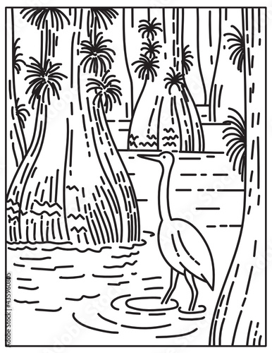 Mono line illustration of great egret wading in mangrove and sawgrass marsh in Everglades National Park located in Florida, United States done in retro black and white monoline line art style.