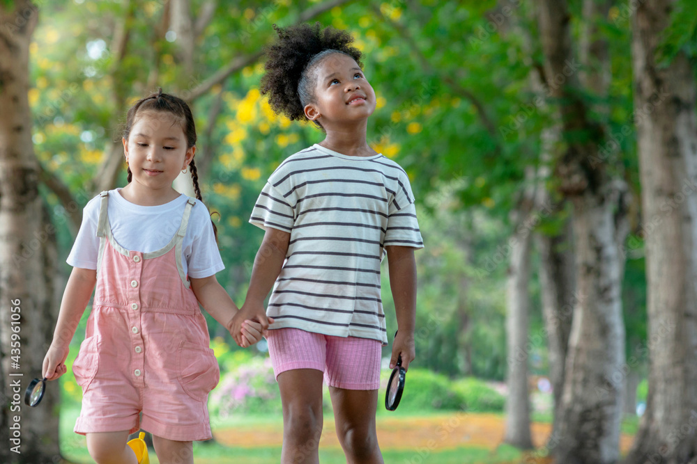 Two little girls of different skin colors hold hands and take a walk in the park on a beautiful summer day, Diverse friends Two little girls of different skin colors hold hands and take a walk in the park on a beautiful summer day, Diverse friends