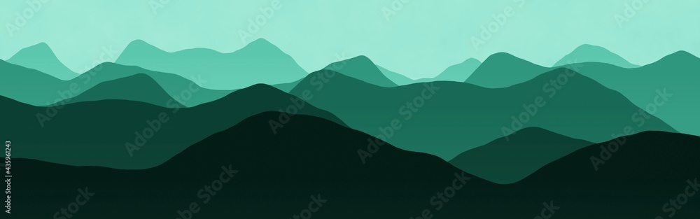 design teal, sea-green mountains slopes landscape - wide angle digital graphics background or texture illustration