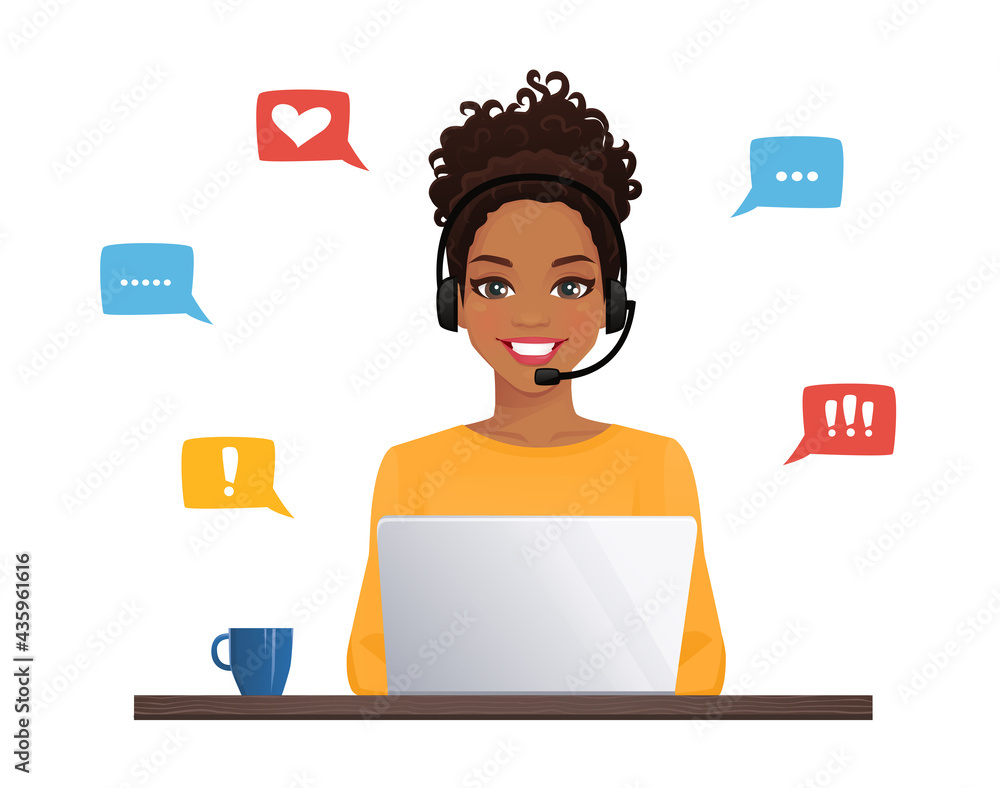 African woman in headphones with laptop. Customer support operator vector illustration isolated African woman in headphones with laptop. Customer support operator vector illustration isolated