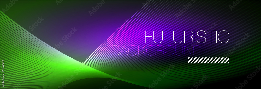 Abstract neon glowing light in the dark with waves. Shiny magic energy and motion concept, vector abstract wallpaper background Abstract neon glowing light in the dark with waves. Shiny magic energy and motion concept, vector abstract wallpaper background