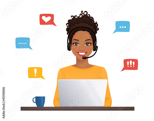 African woman in headphones with laptop. Customer support operator vector illustration isolated