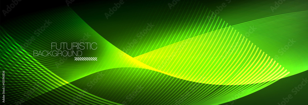 Abstract neon glowing light in the dark with waves. Shiny magic energy and motion concept, vector abstract wallpaper background Abstract neon glowing light in the dark with waves. Shiny magic energy and motion concept, vector abstract wallpaper background