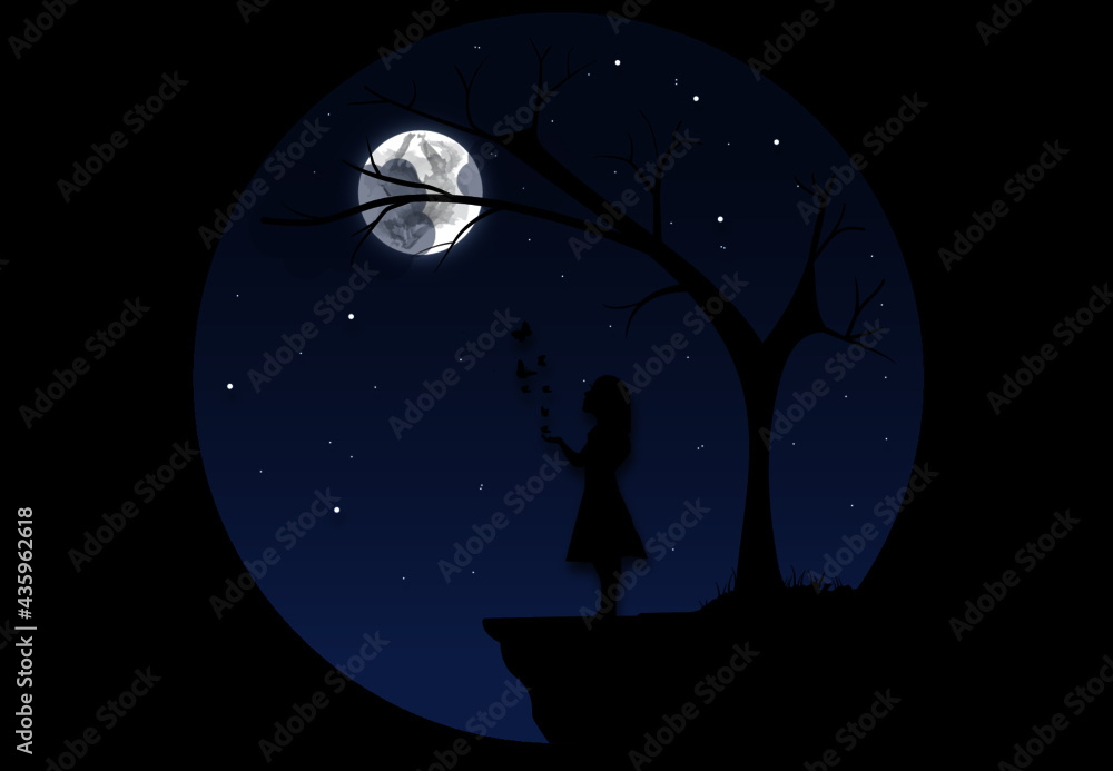 Night moon with girl illustrator Night moon with girl illustrator