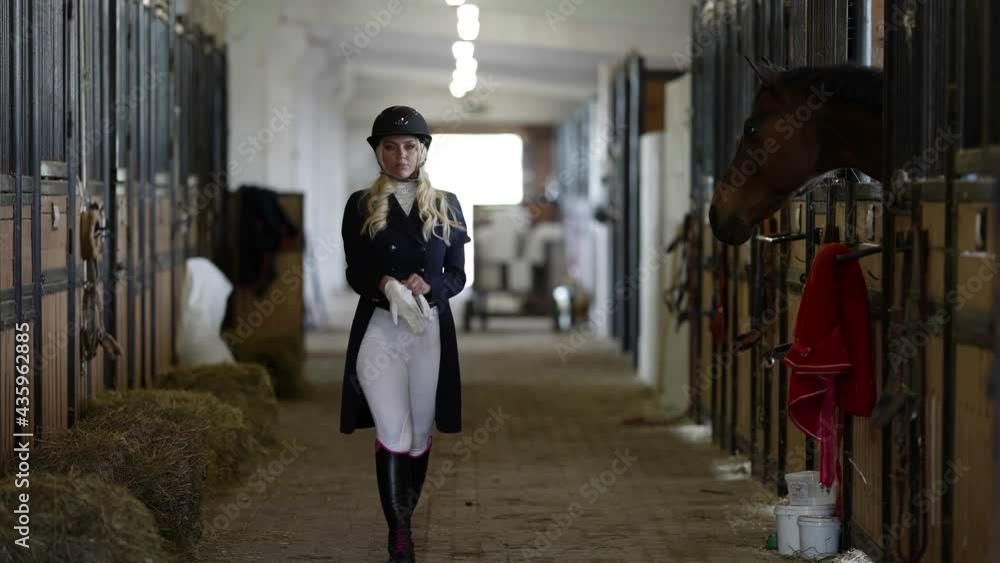 A female jockey walks through the stable and puts on white gloves A female jockey walks through the stable and puts on white gloves