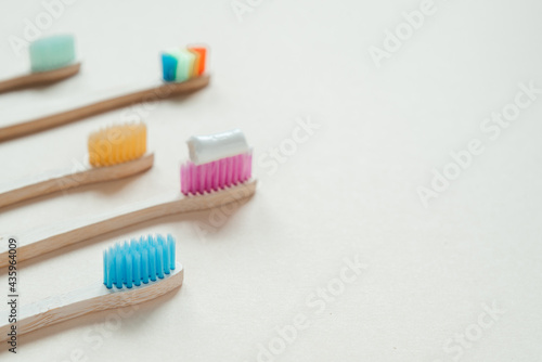 Multicolored eco friendly bamboo toothbrushes  dental care with zero waste concept  sustainable lifestyle