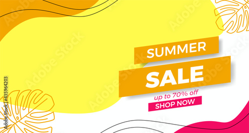 Basic RGBHello summer sale offer banner promotion with wave curve shape with memphis abstract style and leaves illustration