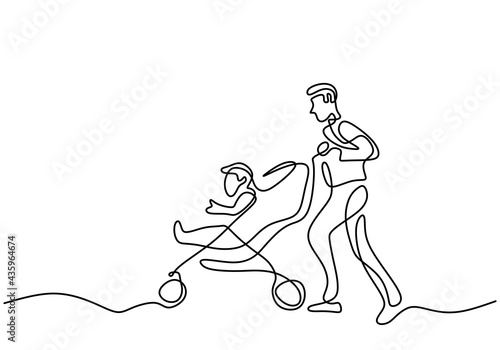 Continuous single line drawing of young happy father pushing baby trolley isolated on white background. Young father on a walk with a baby in a stroller. Happy Father's Day theme. Vector illustration