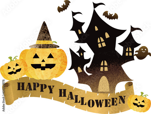 ハロウィン　かぼちゃ　おばけ屋敷　リボンテープ　水彩タッチ　イラスト素材