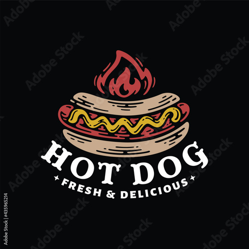 logo label of hot dog with fire in doodle vintage illustration 