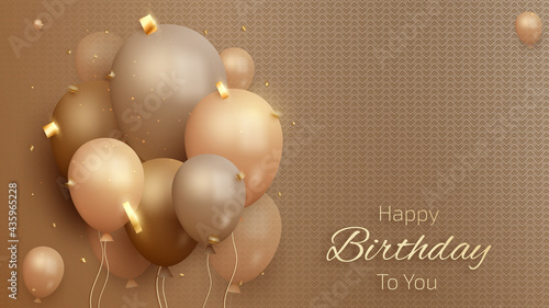 Happy birthday card with luxury balloons and ribbon. 3d realistic style. vector illustration for design.
