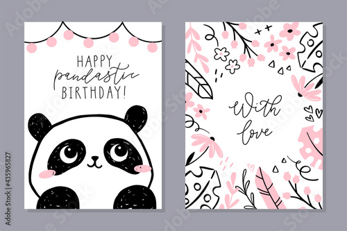 Little panda - set of cards. Cute panda character, floral frame with hand-lettered phrase. Vector cartoon illustration