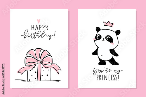 Little panda - set of cards. Cute panda character and birthday gift with big pink bow. Vector hand-drawn illustration