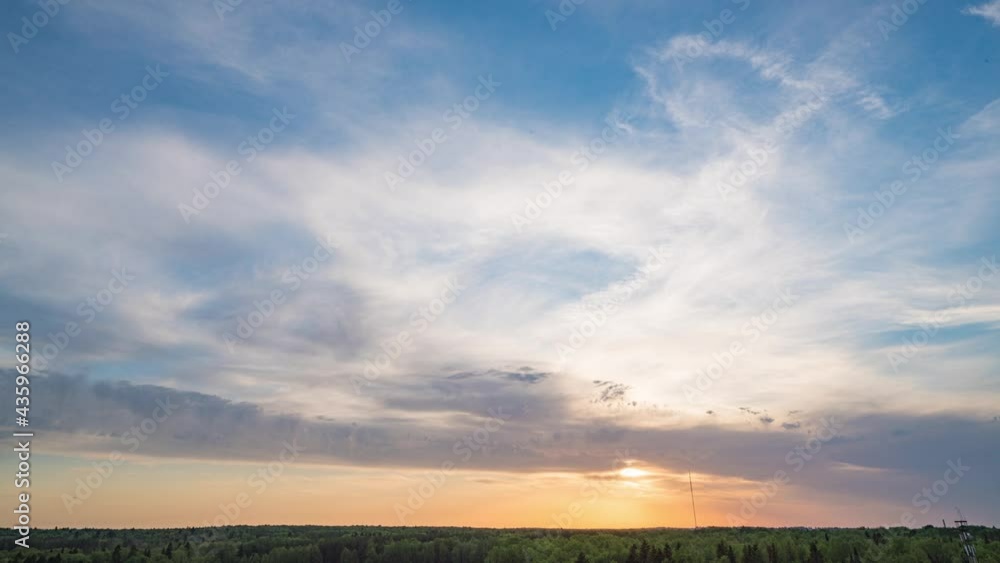 Beautiful evening sunset, time lapse, movement of clouds of a different level against the setting sun Beautiful evening sunset, time lapse, movement of clouds of a different level against the setting sun