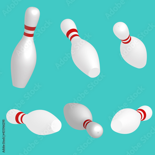 Set of bowling pins in different projections. The pins lying down after the strike. Vector illustration