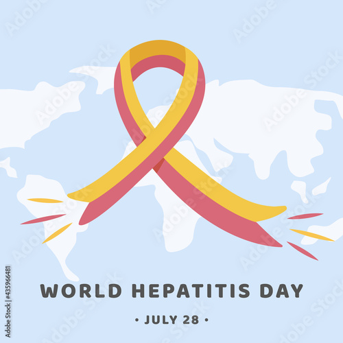 World Hepatitis Day. Square Banner, social media post or social media story template with world map. Medical poster with red and yellow colored ribbon. Flat Vector illustration.