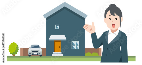 スーツの案内人の女性と二階建て一軒家のイラスト素材
