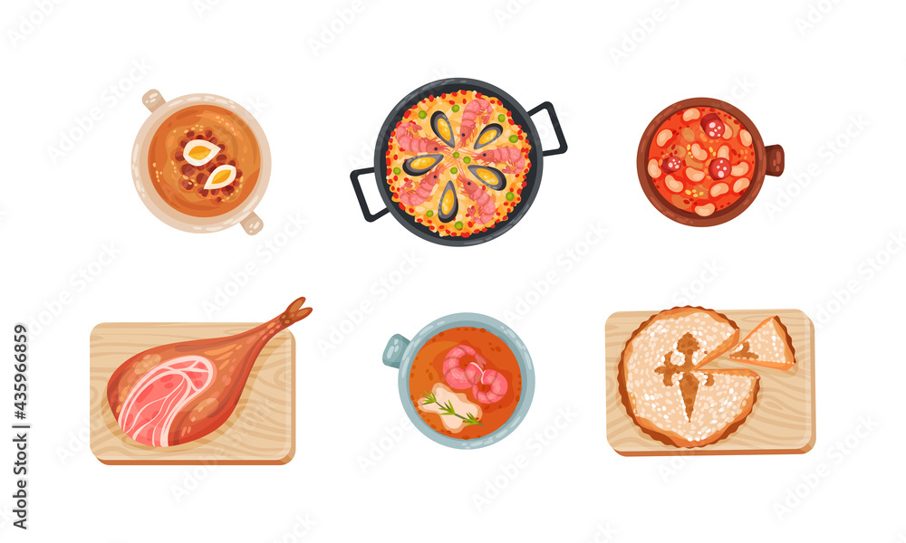 Spanish Cuisine with Tasty Meal Served on Plate Above View Vector Set Spanish Cuisine with Tasty Meal Served on Plate Above View Vector Set
