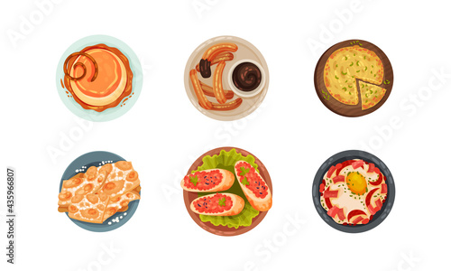 Spanish Cuisine with Tasty Meal Served on Plate Above View Vector Set