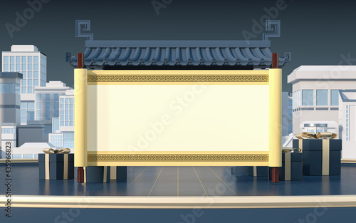 White blank with Chinese style background, 3d rendering.