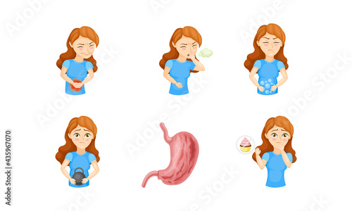 Young Woman Experiencing Pain in Stomach Vector Illustration Set