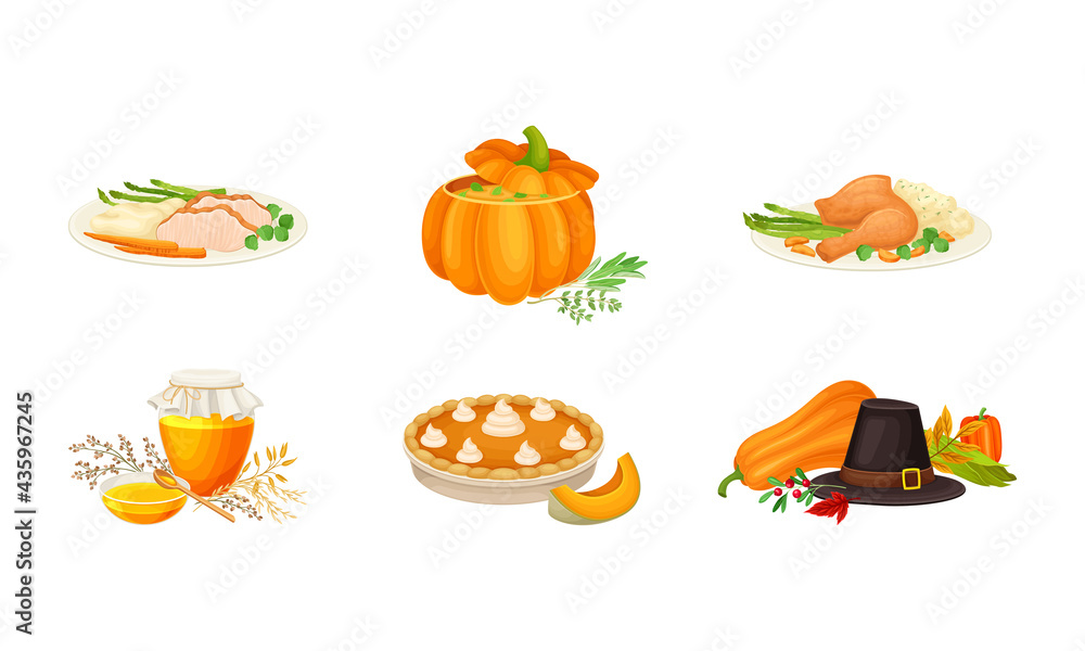 Thanksgiving Autumnal Holiday Composition with Agricultural Crops and Cooked Dishes Vector Set