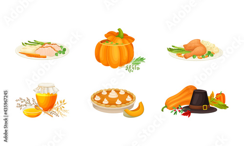 Thanksgiving Autumnal Holiday Composition with Agricultural Crops and Cooked Dishes Vector Set