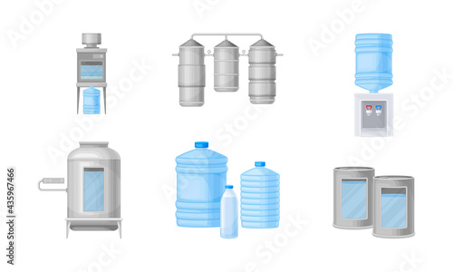 Drinking Water Production and Purification with Treatment and Bottling Vector Illustration Set