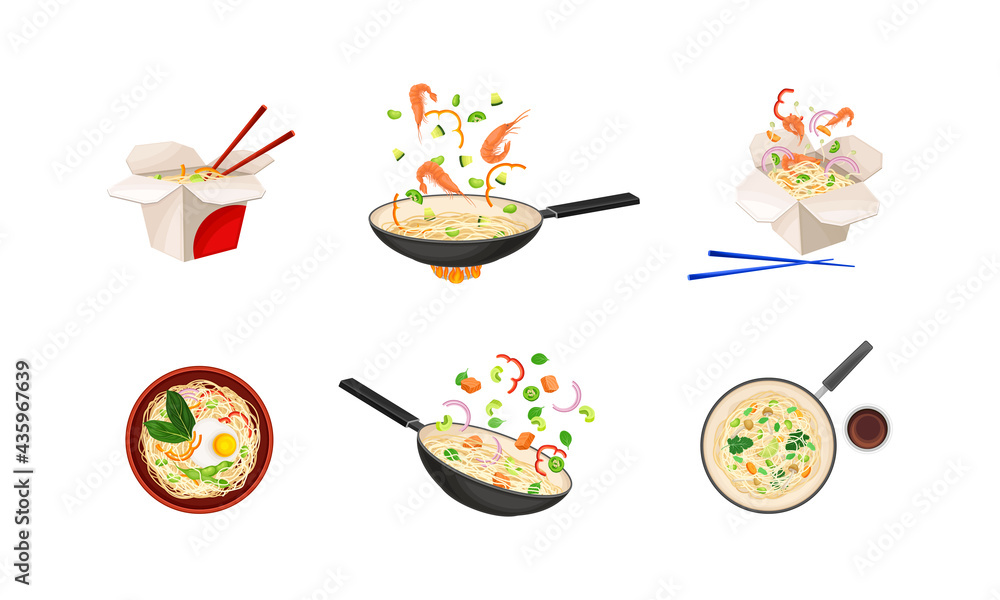 Chinese Udon Noodle Preparation with Stirfrying in Wok Pan Vector Set