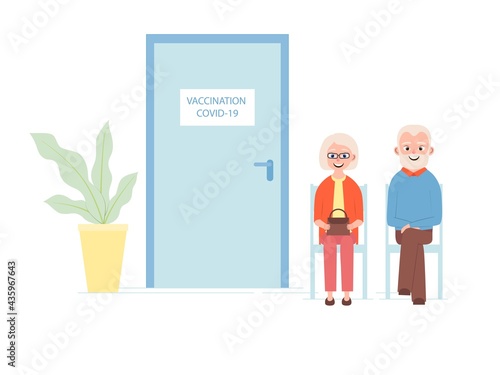 An elderly man and woman queuing up for the covid-19 vaccine. Vector illustration