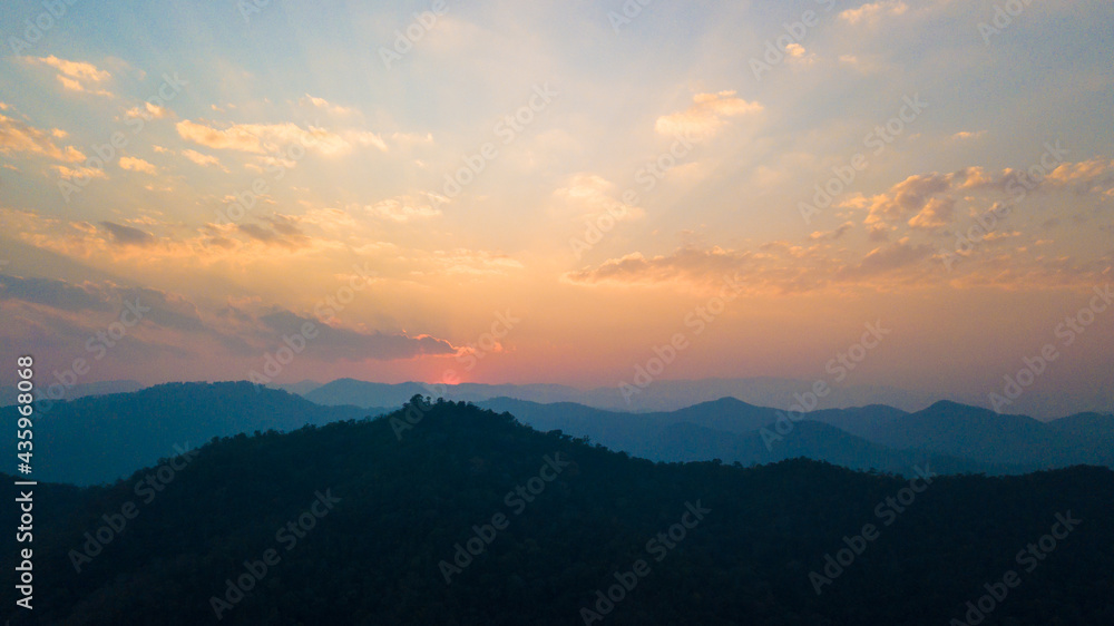 Fototapeta premium Top view aerial photo from flying drone of landscape with farmland Chiang Mai, Thailand