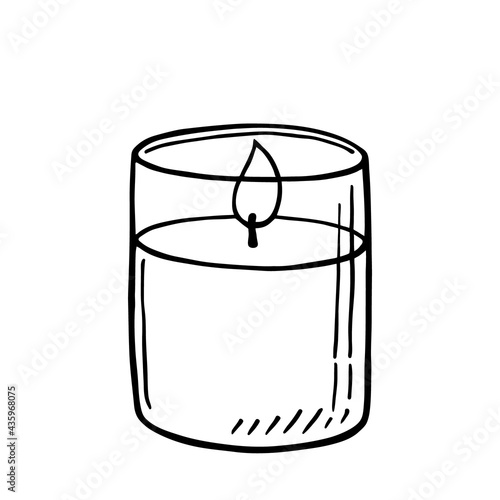 Burning aroma candle in a jar isolated on white background. Vector hand-drawn illustration in doodle style. Aromatherapy, relaxation design element. Suitable for cards, logo, decorations.