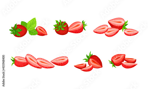 Garden Strawberry with Mature Red Fruit Vector Set