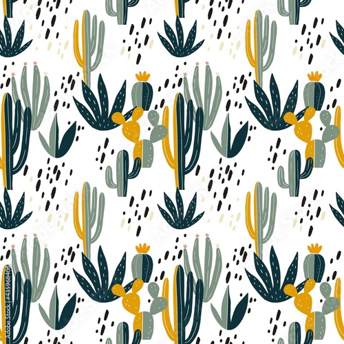 Hand drawn desert cactus vector seamless pattern.  Fresh summer vector print for home decor
