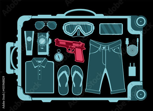 Airport Security Scanner Icon. Conveyor Belt With Passenger Luggage. Baggage Carousel Scan Isolated On White. Package X-ray Baggage. Security, Logistic And Delivery. Cartoon Flat Vector Illustration