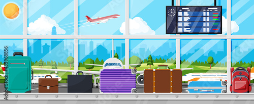 Luggage Carousel Against Airport Window With Taking Off Plane. Conveyor Belt With Passenger Luggage. Baggage Claim In Airport Interior. Logistic And Delivery. Cartoon Flat Vector Illustration