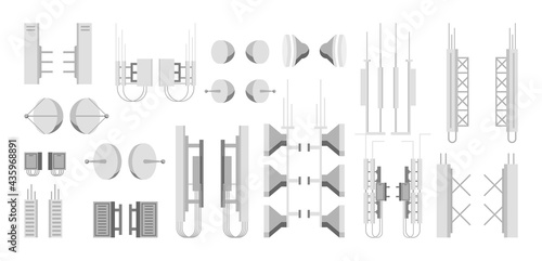 Transmission Cellular Tower Elements Set. Network Broadcast Equipment Collection. Broadcasting, Internet, Television Cell Station. 4G 5G. Satellite Communication Antenna. Flat Vector Illustration
