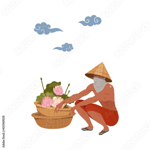 Asian Farmer in Straw Conical Hat Sitting Near Wicker Basket with Lotus Flowers Vector Illustration