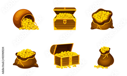 Wooden Chest and Sack with Glowing Gold Coins Vector Set