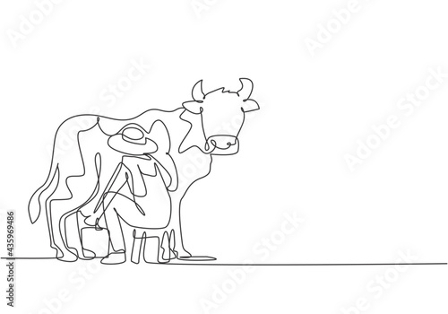Single continuous line drawing young male farmer milking a cow with traditional way. A successful harvest activity minimalism concept. Dynamic one line draw graphic design vector illustration.