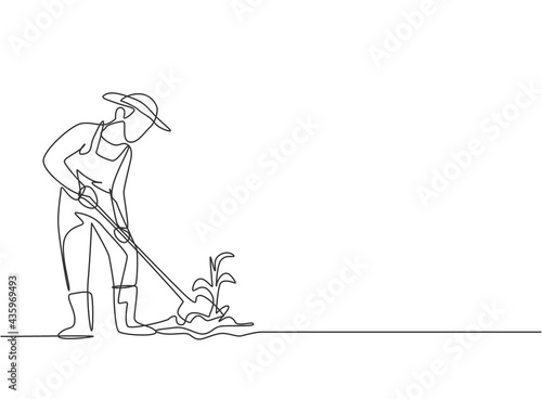 Continuous one line drawing young male farmer shoveled the soil with the plants using a shovel. Successful farming challenge minimalist concept. Single line draw design vector graphic illustration.