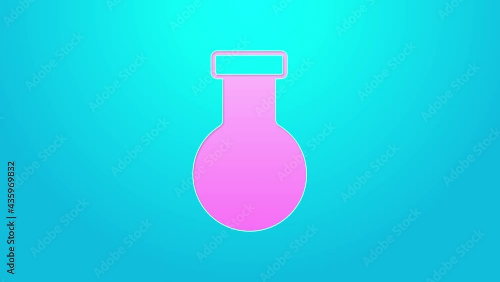 Pink line Test tube and flask chemical laboratory test icon isolated on blue background. Laboratory glassware sign. 4K Video motion graphic animation