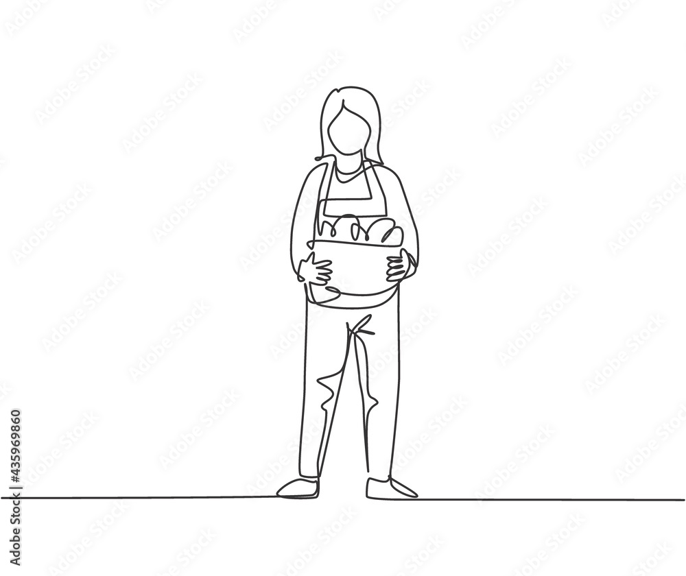 Single continuous line drawing young female farmer standing on farm field and bring basket with full of fruits. Farming minimalism concept. Dynamic one line draw graphic design vector illustration. Single continuous line drawing young female farmer standing on farm field and bring basket with full of fruits. Farming minimalism concept. Dynamic one line draw graphic design vector illustration.