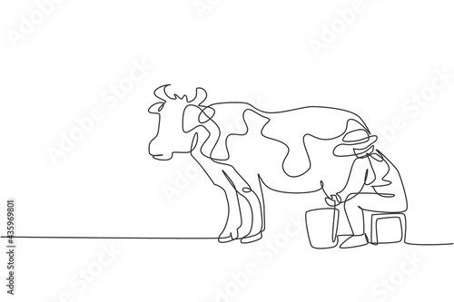Continuous one line drawing young female farmer milking a cow with traditional way. A successful harvest activity minimalism concept. Single line draw design vector graphic illustration