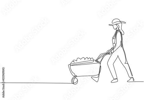 Continuous one line drawing young female farmer pushes the wheelbarrow trolley filled with fruits. A successful harvest activity minimalist concept. Single line draw design vector graphic illustration