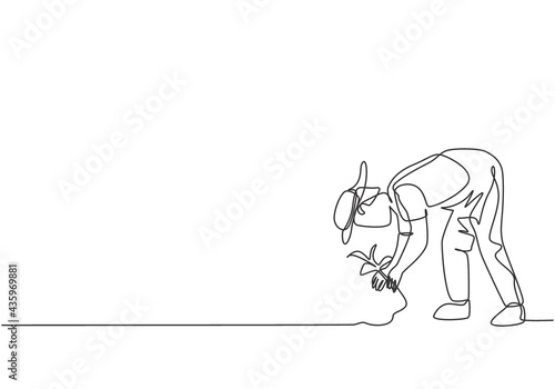 Single one line drawing of young male farmer plant crops in the farm fields. Professional farmer. Farming challenge minimalist concept. Modern continuous line draw design graphic vector illustration.